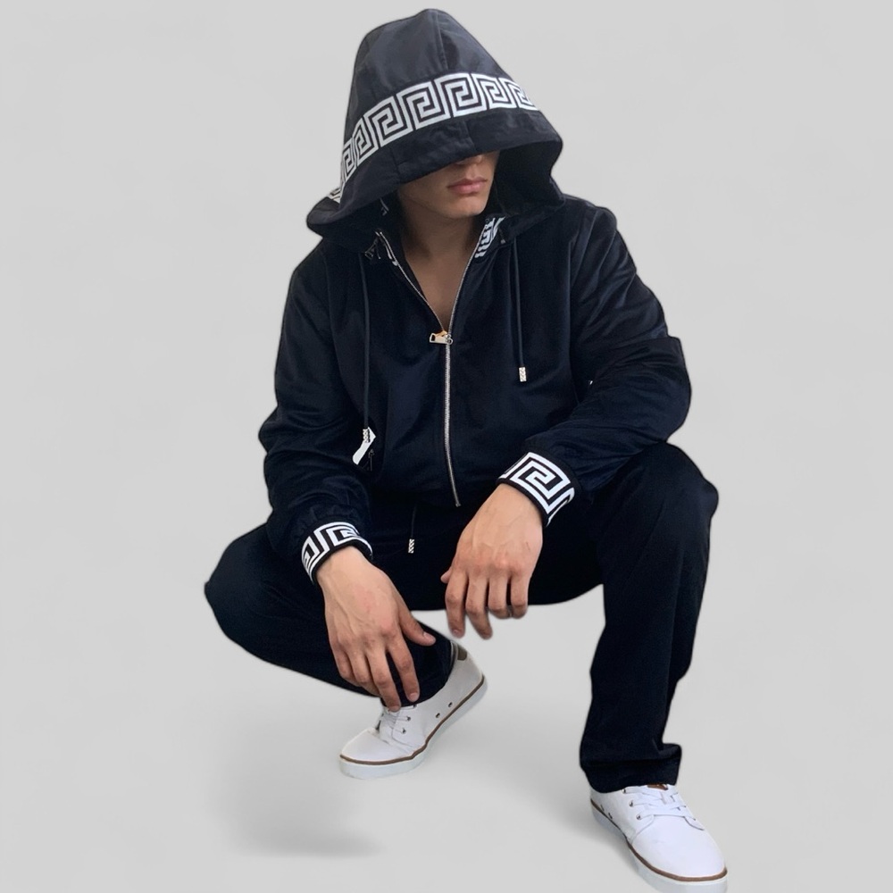 Men's Manzini Black | White Velvet Hooded Casual Tracksuits NWT